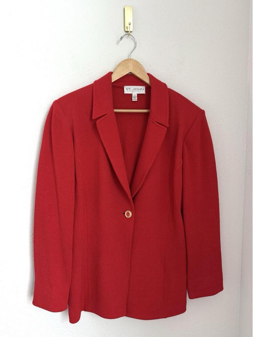 St John Collection Red Santana Knit Wool Blend Gold Button Blazer Size 14 Vntg